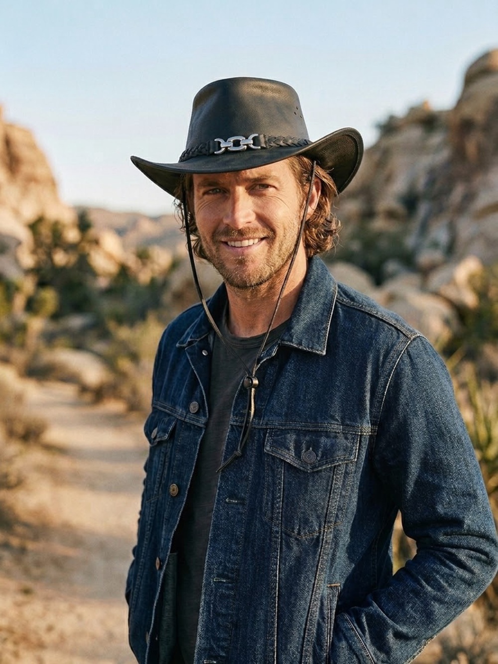 Vintage Australian Black Leather Braided Cowboy Hat with Chin Strap
